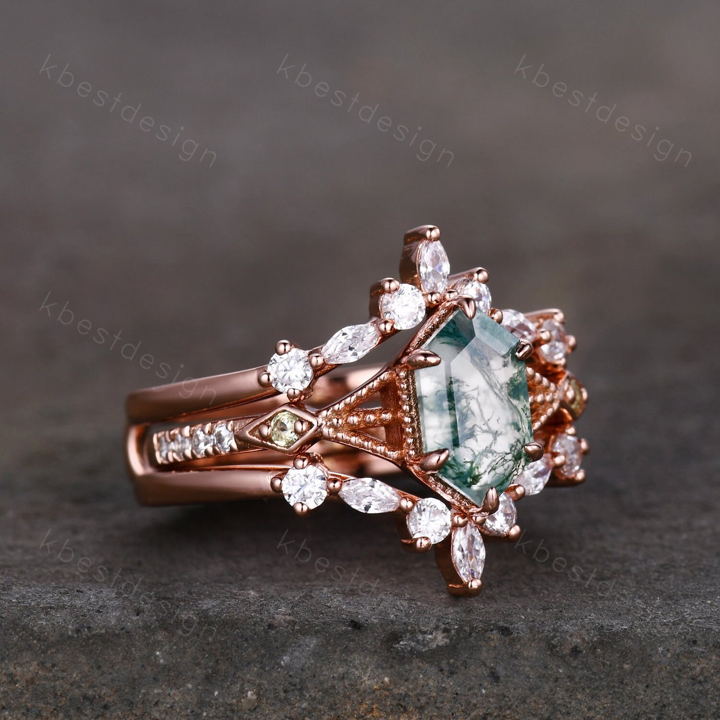 Vintage Hexagon cut Moss Agate Ring Rose Gold Engagement Ring Set Unique Double Curved Moissanite Band Art Deco Wedding Bridal Ring Set