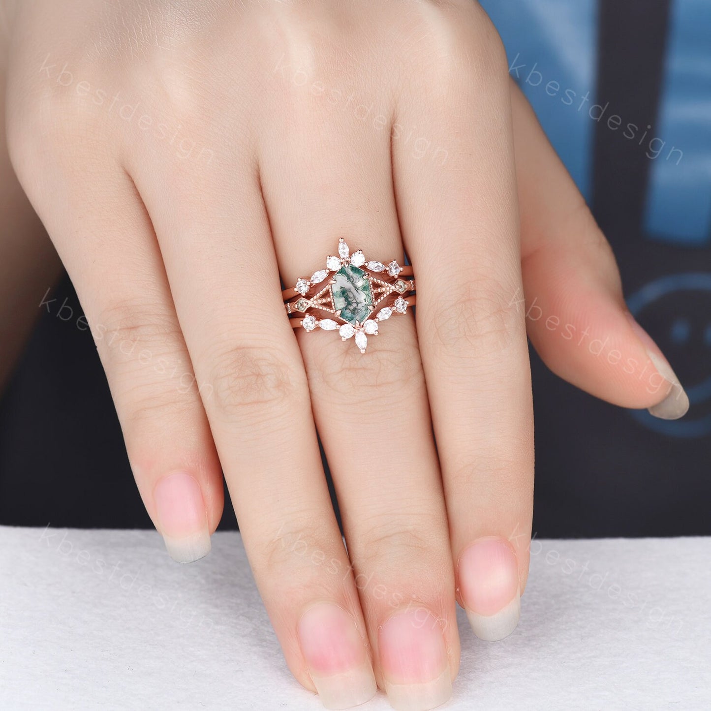 Vintage Hexagon cut Moss Agate Ring Rose Gold Engagement Ring Set Unique Double Curved Moissanite Band Art Deco Wedding Bridal Ring Set