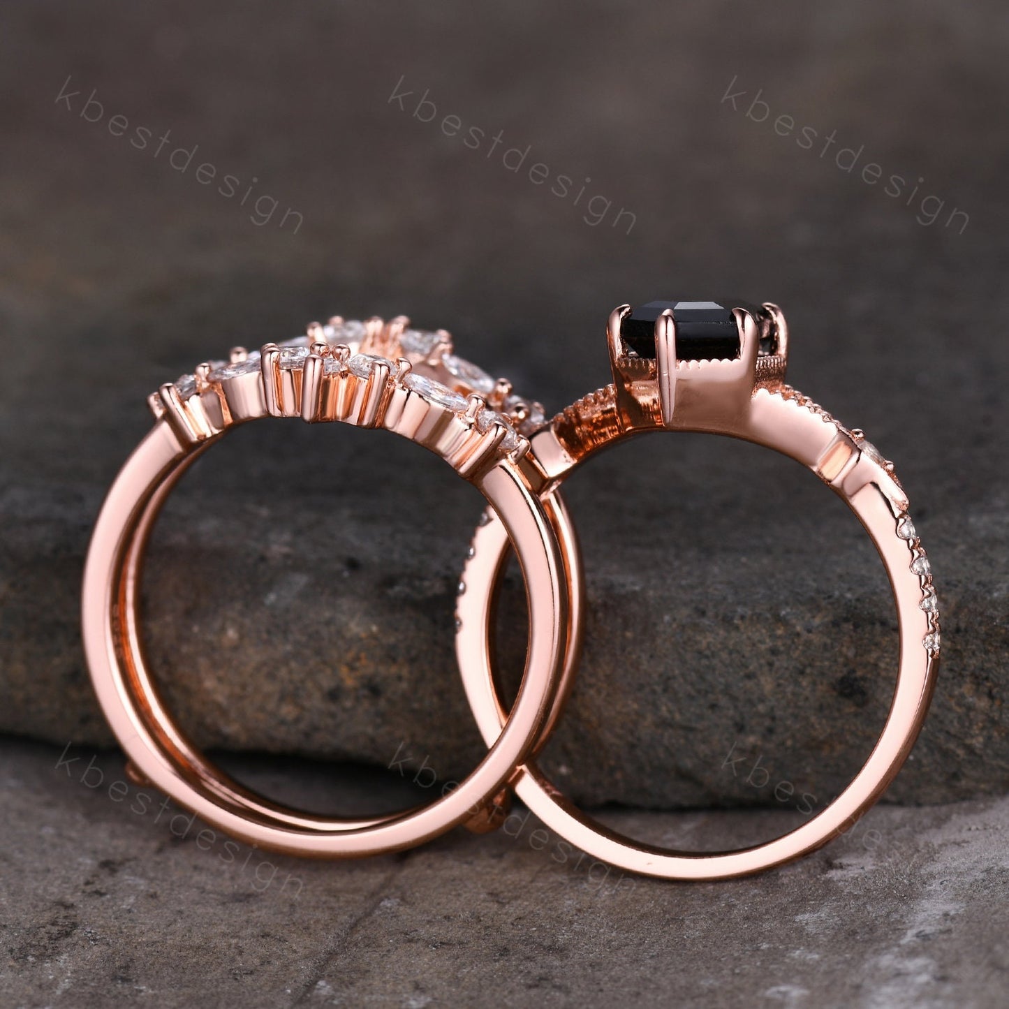 Long Hexagon cut Black Onyx Ring Set Vintage Rose Gold Engagement Ring Unique Double Curved Moissanite Promise Ring Anniversary Ring