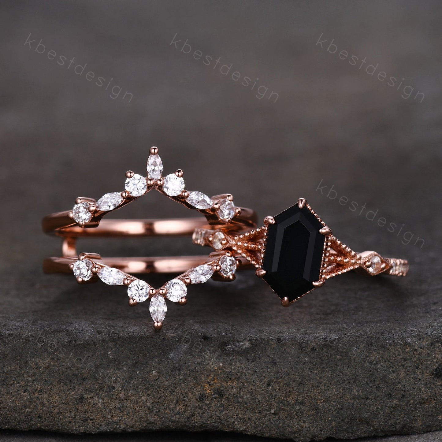 Long Hexagon cut Black Onyx Ring Set Vintage Rose Gold Engagement Ring Unique Double Curved Moissanite Promise Ring Anniversary Ring