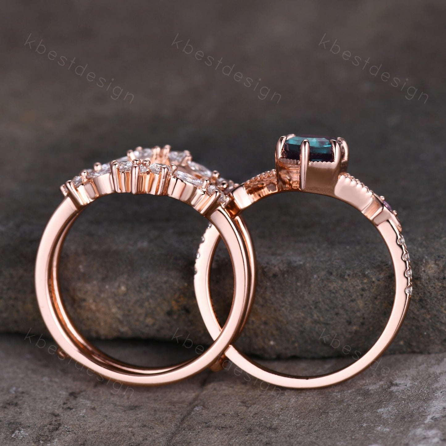 Vintage Alexandrite Engagement Ring Set Unique Rose Gold Hexagon cut ring Moissanite Wedding Band Art deco Milgrain Anniversary Promise Ring