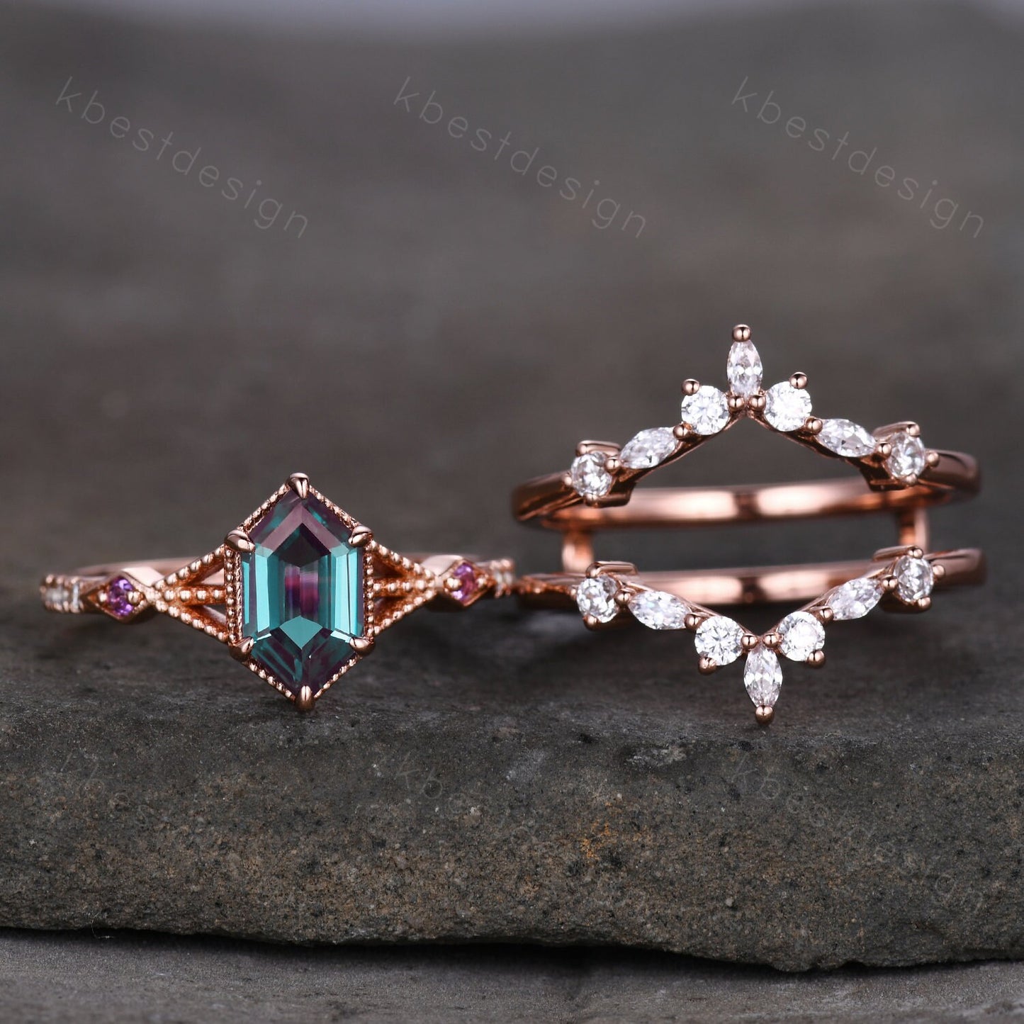 Vintage Alexandrite Engagement Ring Set Unique Rose Gold Hexagon cut ring Moissanite Wedding Band Art deco Milgrain Anniversary Promise Ring