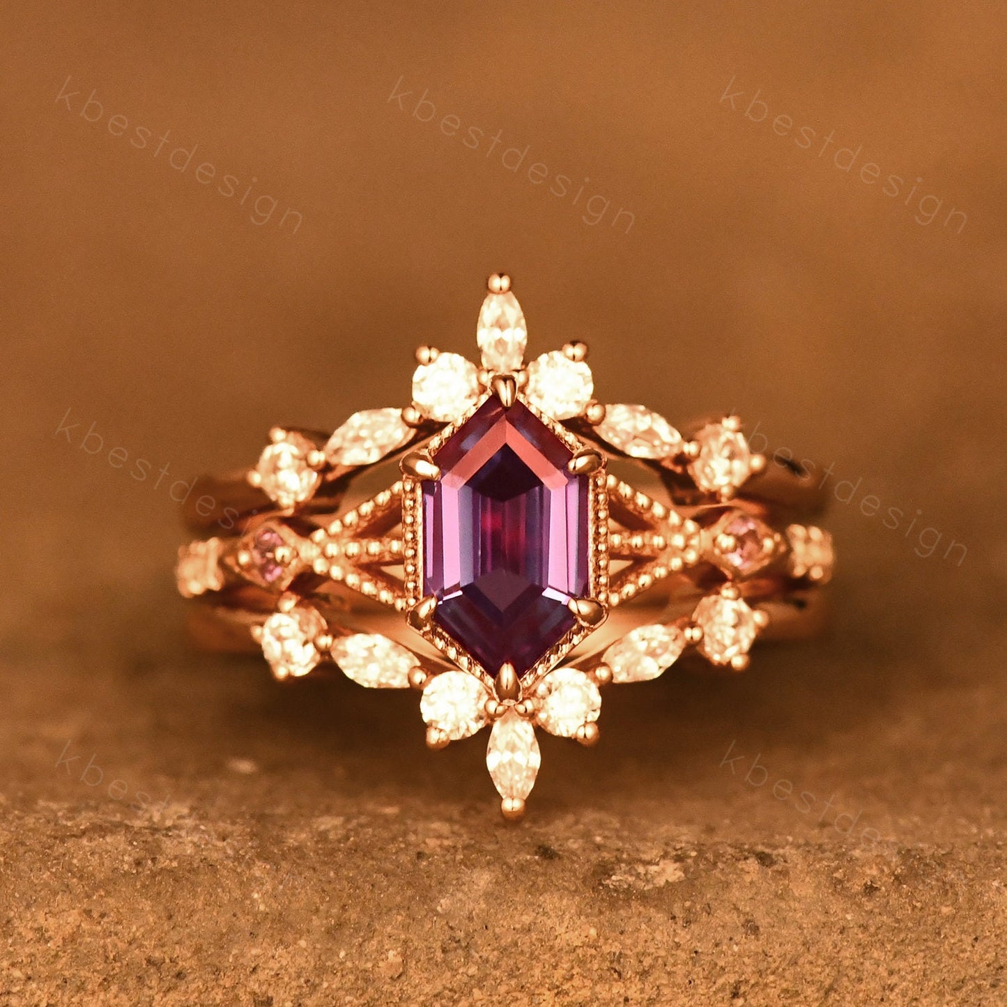Vintage Alexandrite Engagement Ring Set Unique Rose Gold Hexagon cut ring Moissanite Wedding Band Art deco Milgrain Anniversary Promise Ring