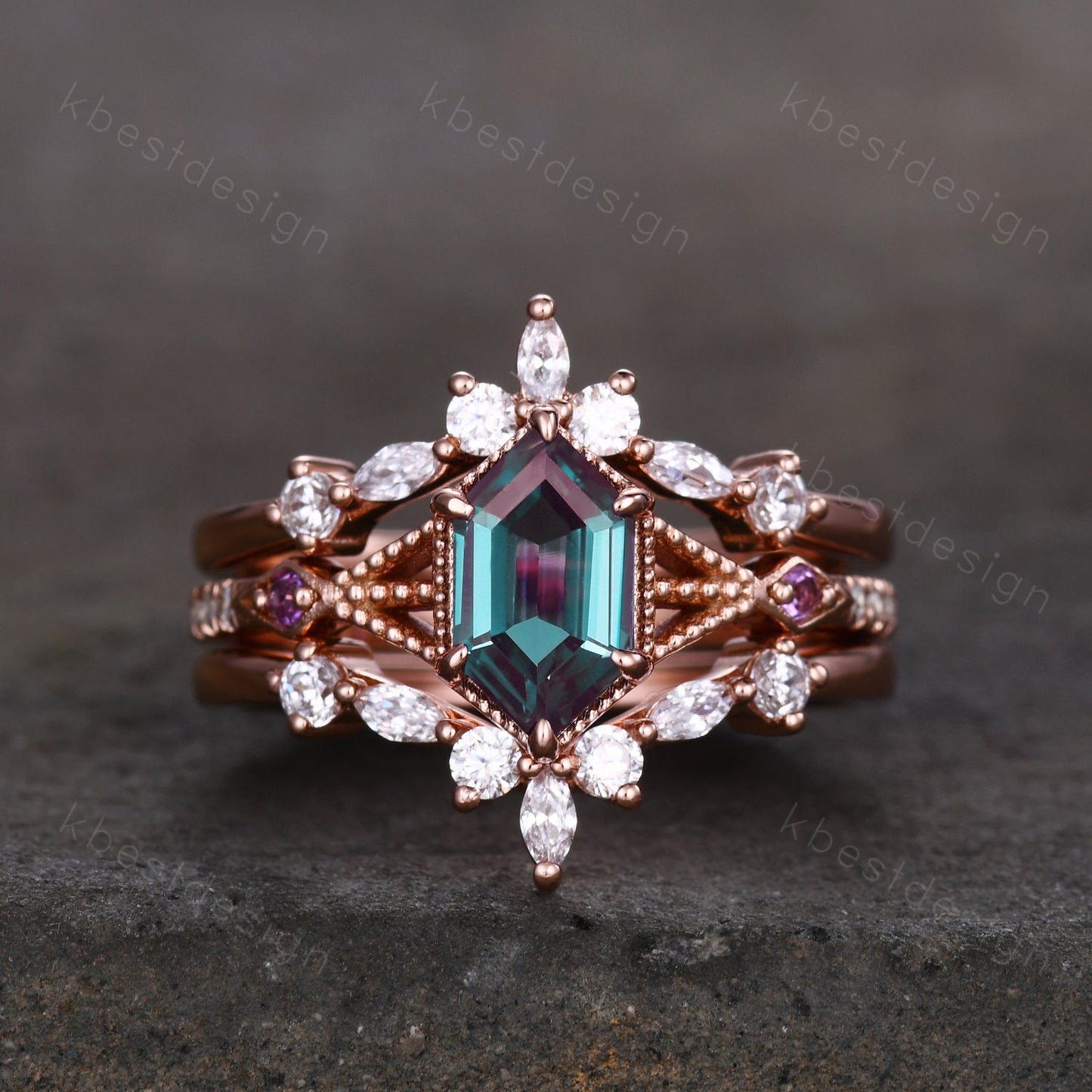Vintage Alexandrite Engagement Ring Set Unique Rose Gold Hexagon cut ring Moissanite Wedding Band Art deco Milgrain Anniversary Promise Ring