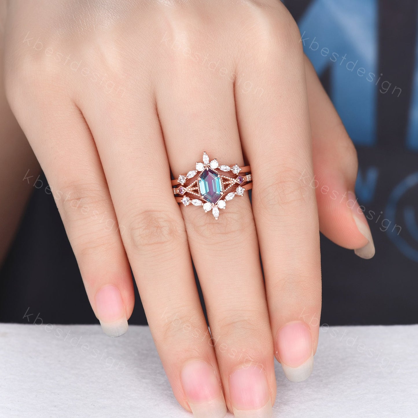 Vintage Alexandrite Engagement Ring Set Unique Rose Gold Hexagon cut ring Moissanite Wedding Band Art deco Milgrain Anniversary Promise Ring