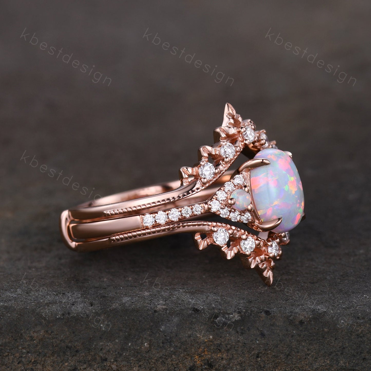 Oval Opal Engagement Ring Set, Rose Gold Rings for Women, Art Deco Stacking Band, Unique Double Curved Wedding Band, Bridal Promise Ring