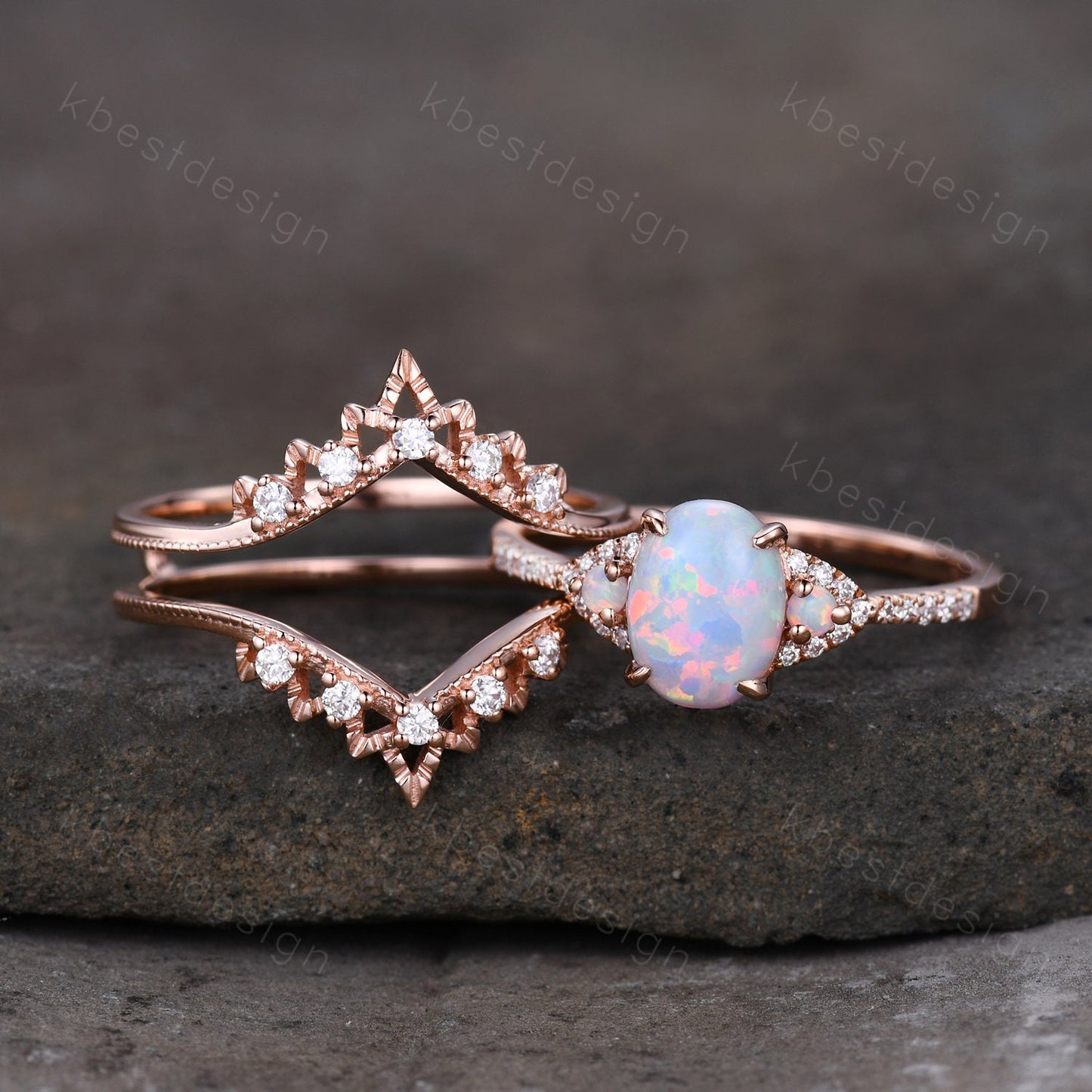 Oval Opal Engagement Ring Set, Rose Gold Rings for Women, Art Deco Stacking Band, Unique Double Curved Wedding Band, Bridal Promise Ring