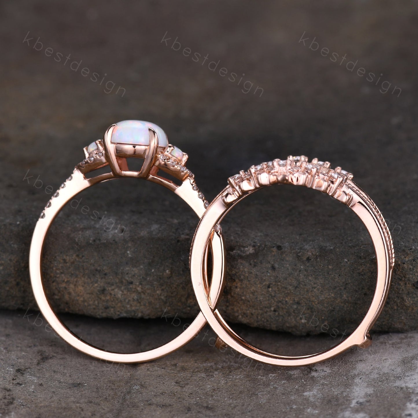 Oval Opal Engagement Ring Set, Rose Gold Rings for Women, Art Deco Stacking Band, Unique Double Curved Wedding Band, Bridal Promise Ring