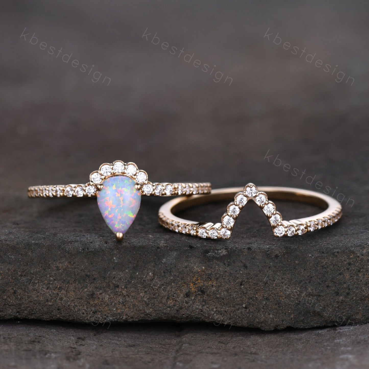 Delicate Opal Engagement Ring Set, 14K Solid Gold Opal Wedding Ring, Pear Shaped Bridal Set, Art Deco Stacking Band, Anniversary Ring