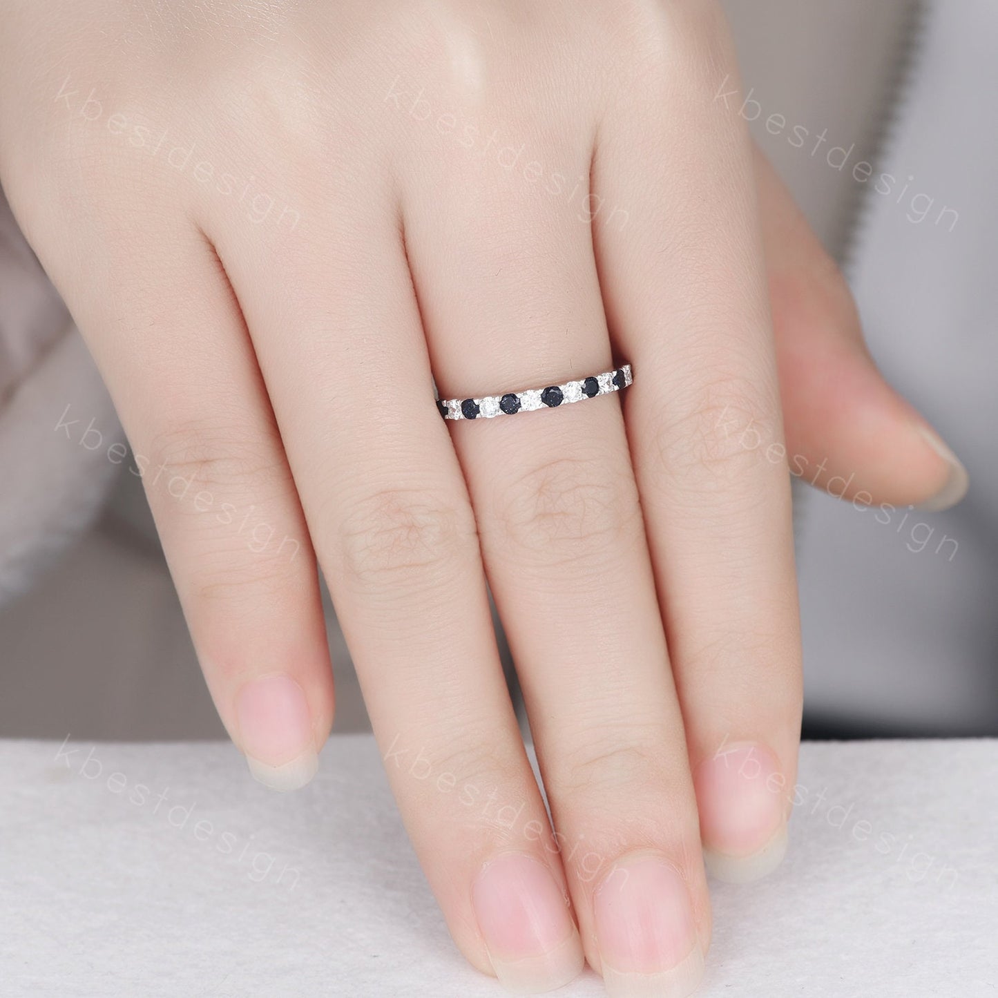 Blue Sandstone Wedding Band 2mm Half Eternity Band Moissanite Stacking Wedding Ring Pave Band Anniversary Ring Sterling Silver Ring