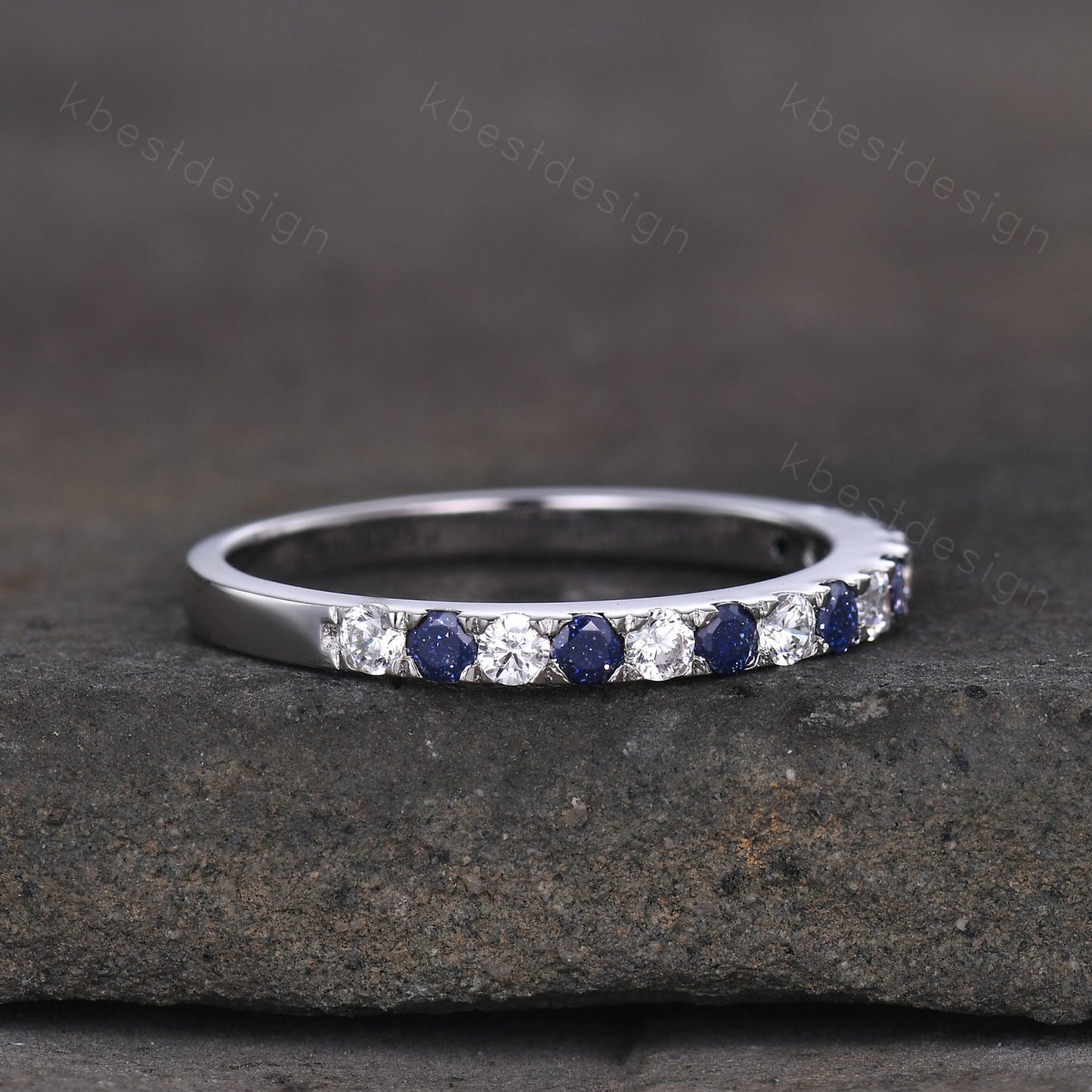 Blue Sandstone Wedding Band 2mm Half Eternity Band Moissanite Stacking Wedding Ring Pave Band Anniversary Ring Sterling Silver Ring