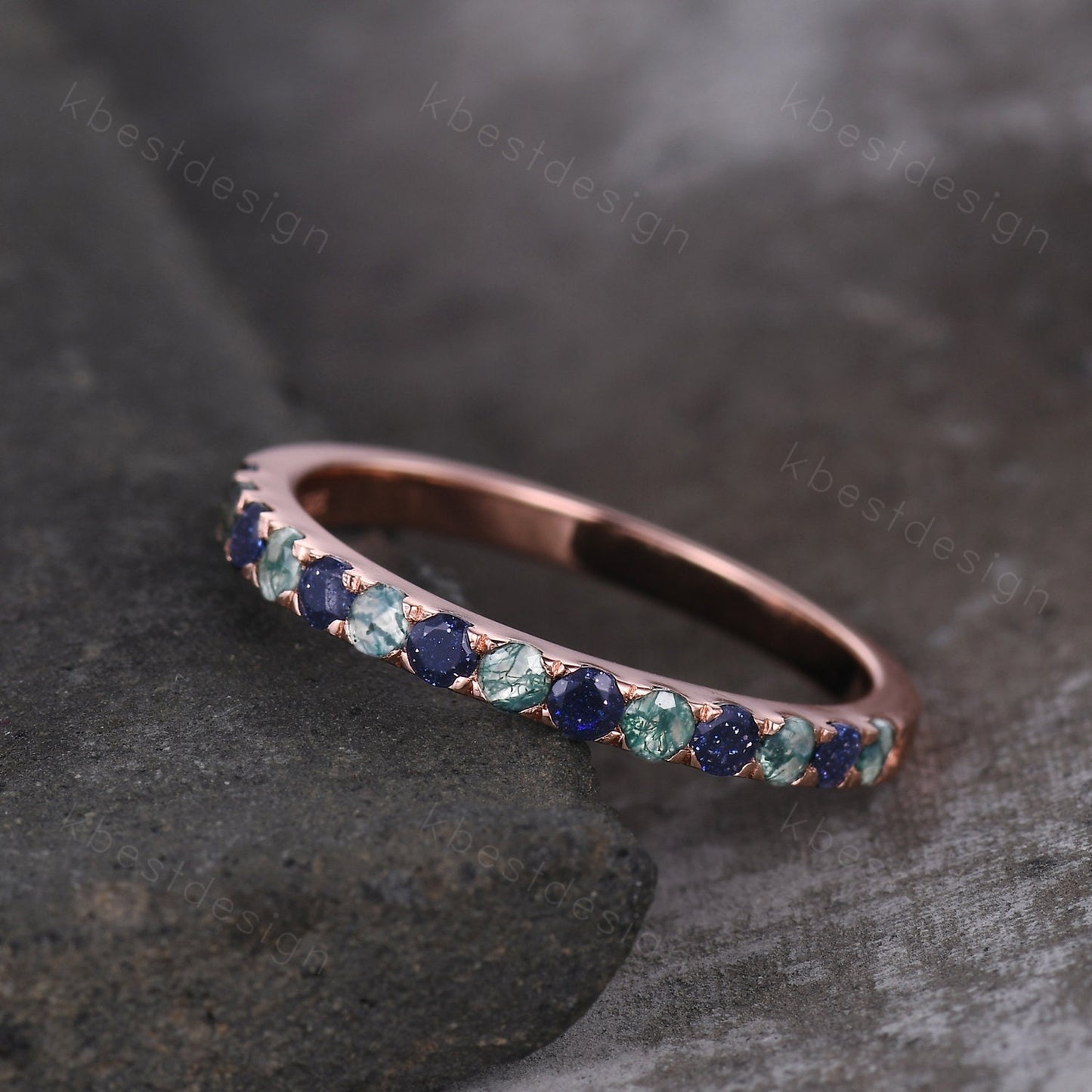 Round cut Blue Sandstone Wedding Band 2mm Half Eternity Band Moss Agate Wedding Band Gemstone Band Rose Gold Ring Anniversary Gift