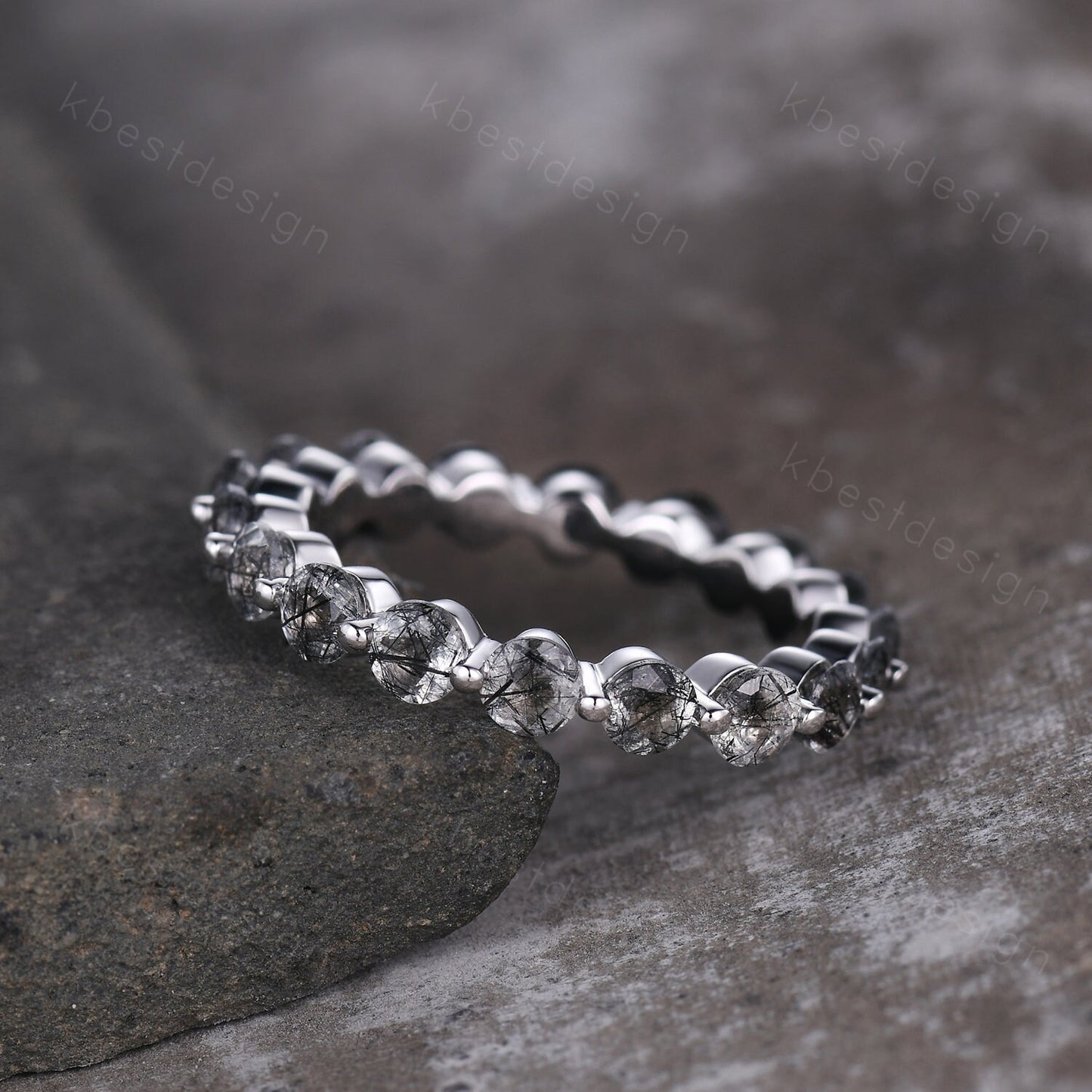 3MM Round Cut Natural Black Rutilated Quartz Wedding Ring Unique Black Gemstone Eternity Band Sterling Silver Ring Promise Ring Antique Ring