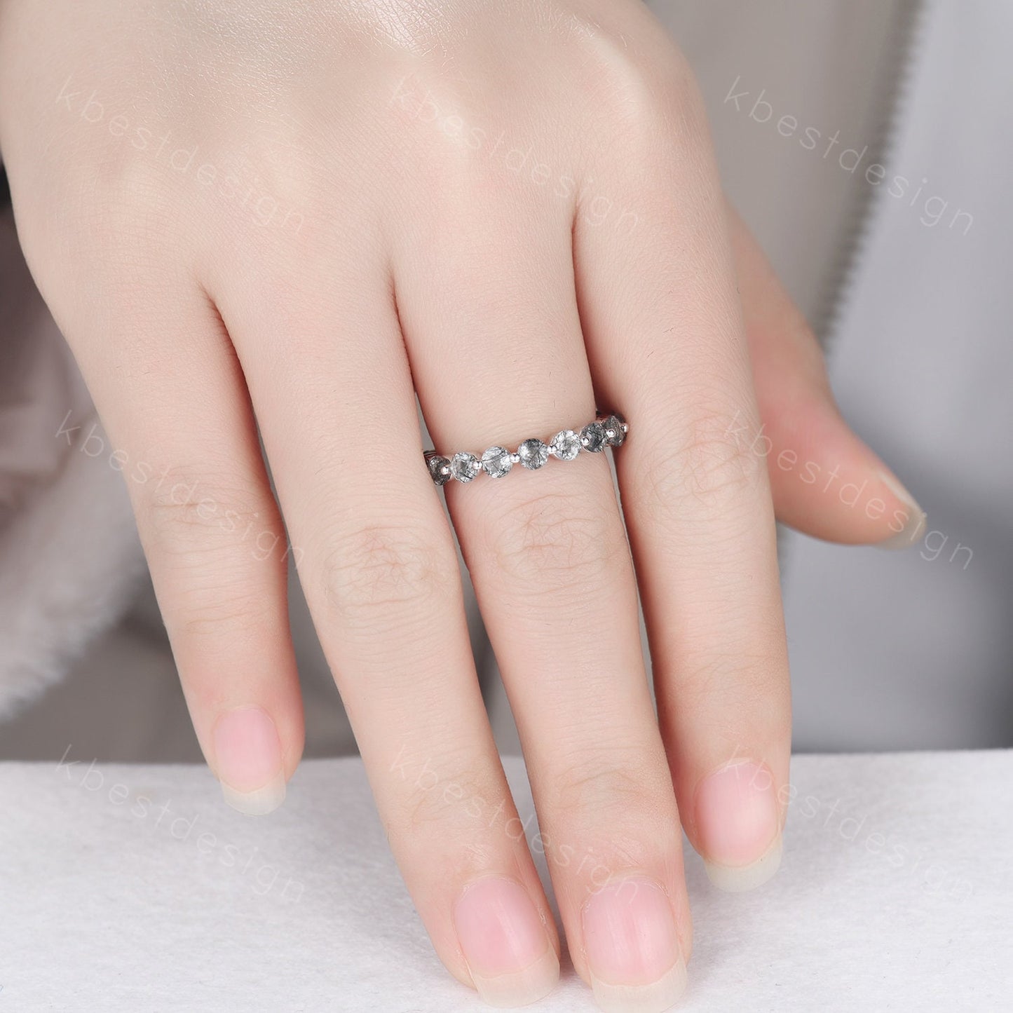 3MM Round Cut Natural Black Rutilated Quartz Wedding Ring Unique Black Gemstone Eternity Band Sterling Silver Ring Promise Ring Antique Ring