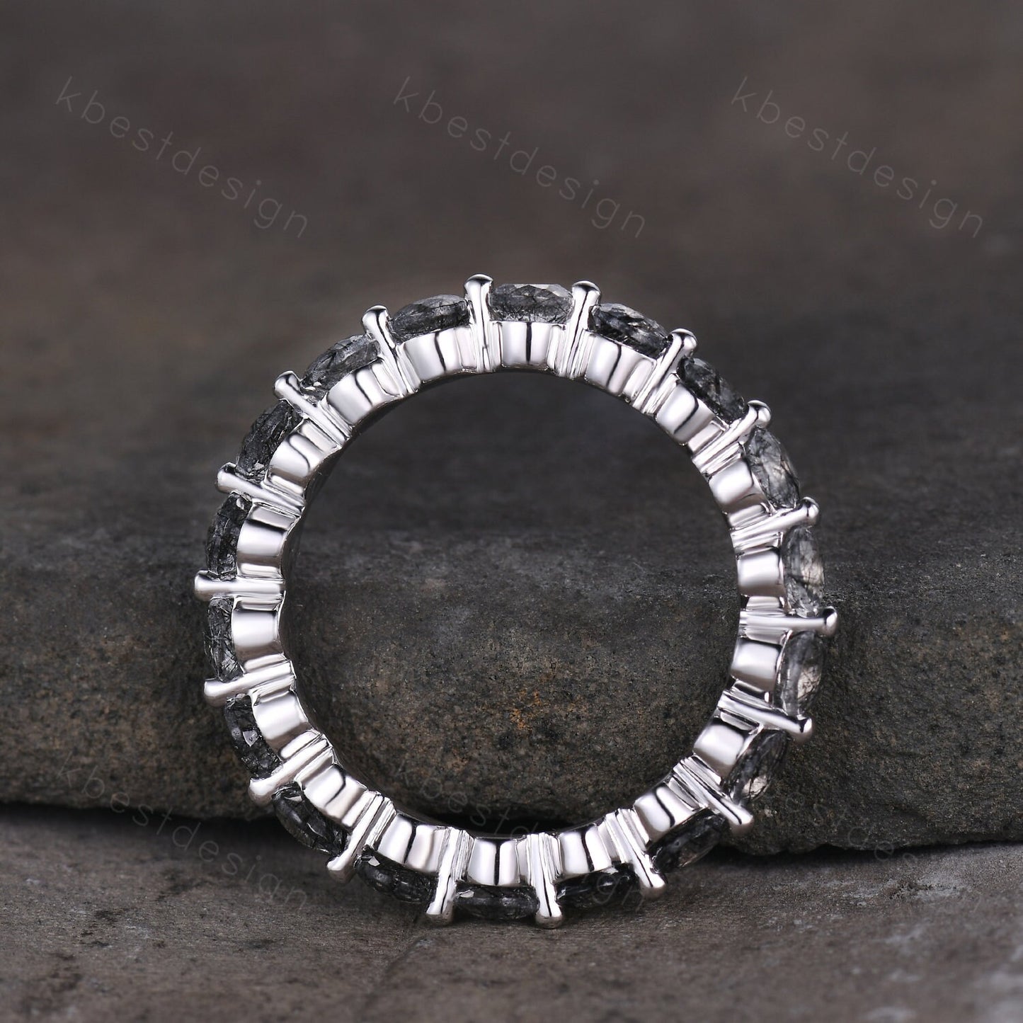 3MM Round Cut Natural Black Rutilated Quartz Wedding Ring Unique Black Gemstone Eternity Band Sterling Silver Ring Promise Ring Antique Ring