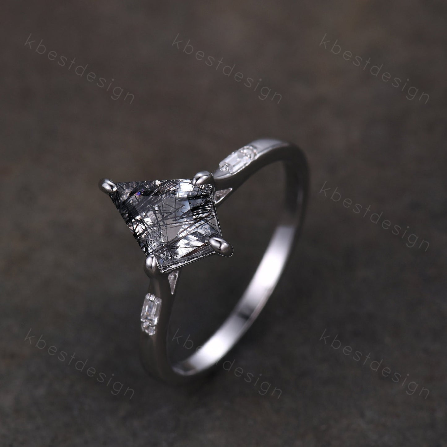 Vintage black rutilated quartz engagement ring 14k white gold kite cut ring art deco curved moissanite stacking band unique bridal ring set