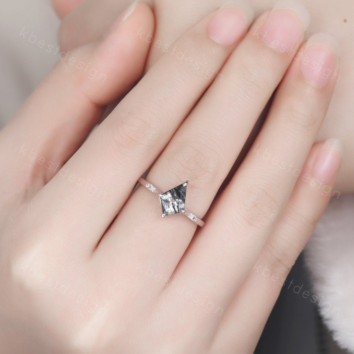 Vintage black rutilated quartz engagement ring 14k white gold kite cut ring art deco curved moissanite stacking band unique bridal ring set