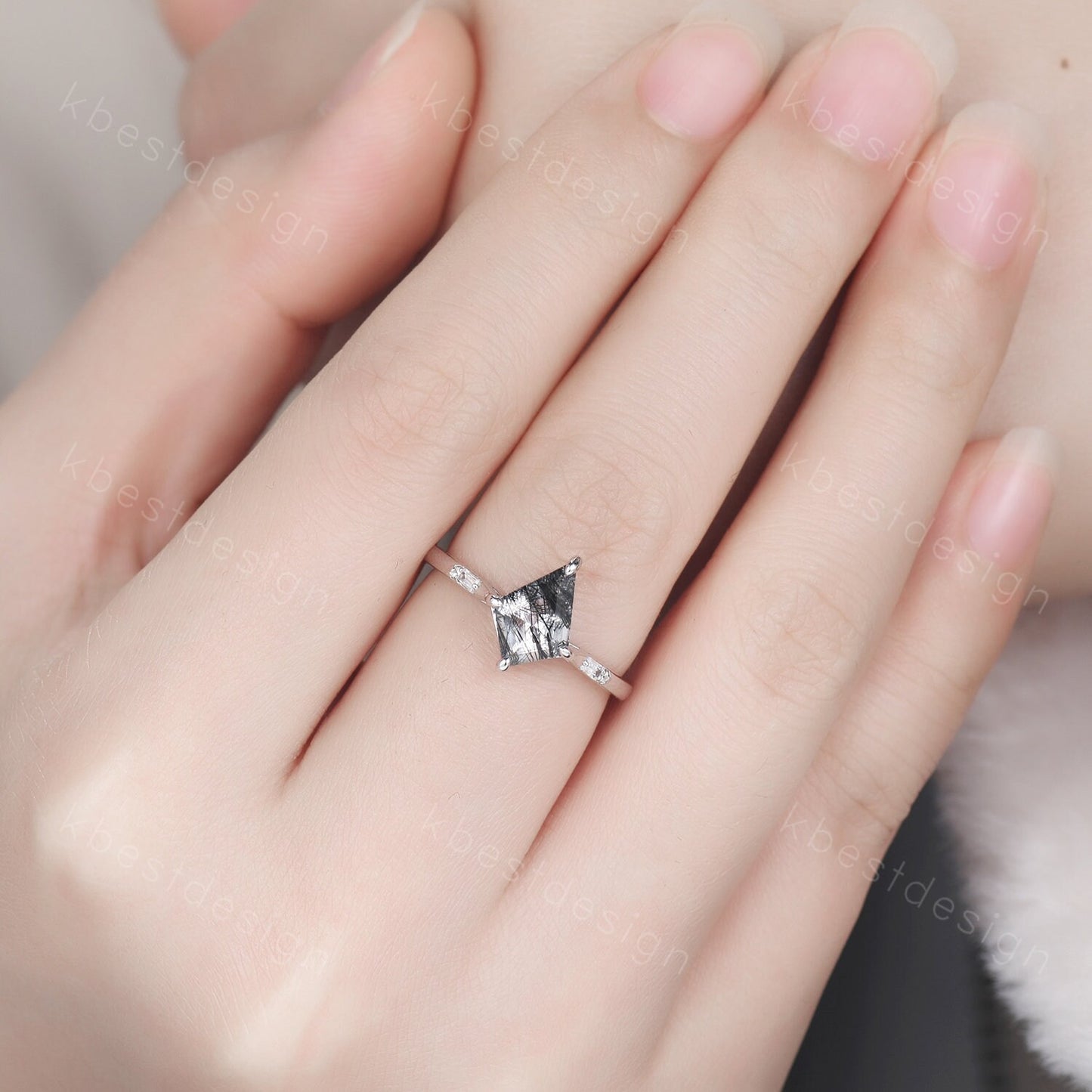Kite Cut Natural Black Rutilated Quartz Engagement Ring Unique Black Gemstone Ring Sterling Silver Ring Baguette Ring Promise Ring