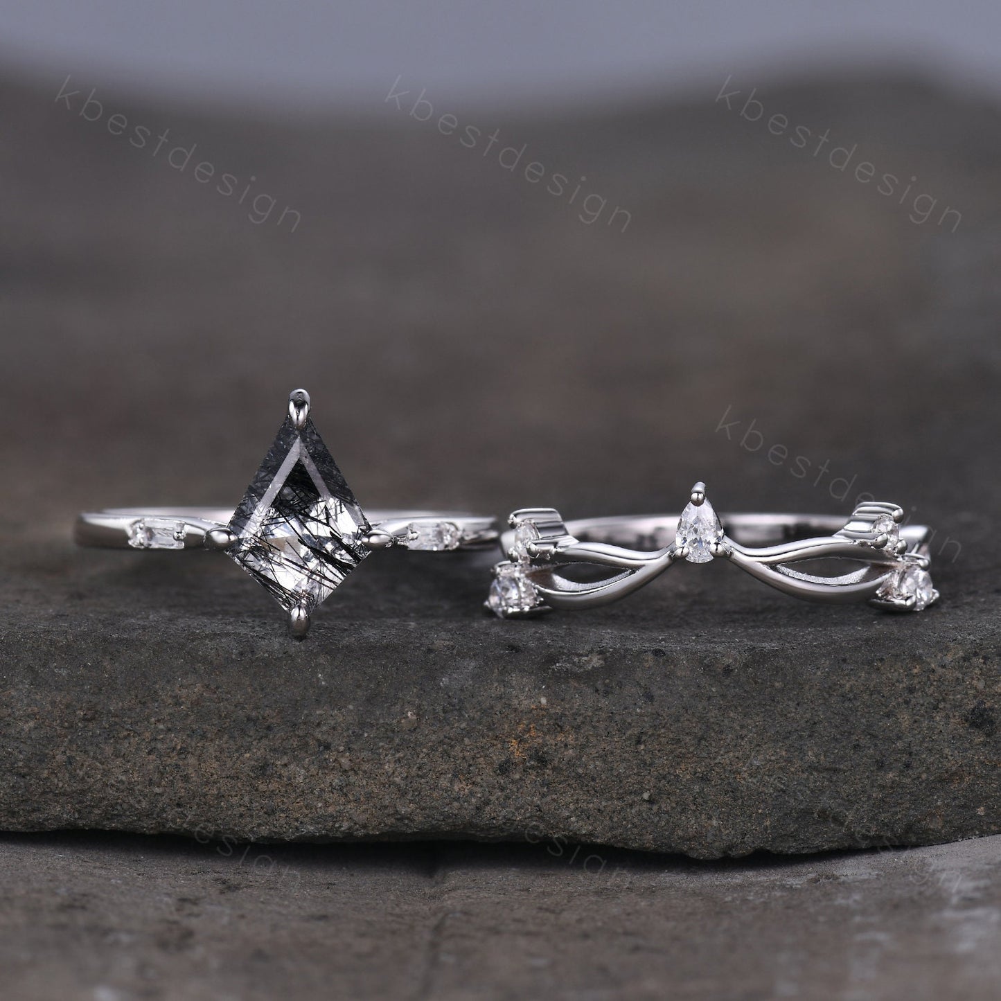 Vintage black rutilated quartz engagement ring 14k white gold kite cut ring art deco curved moissanite stacking band unique bridal ring set