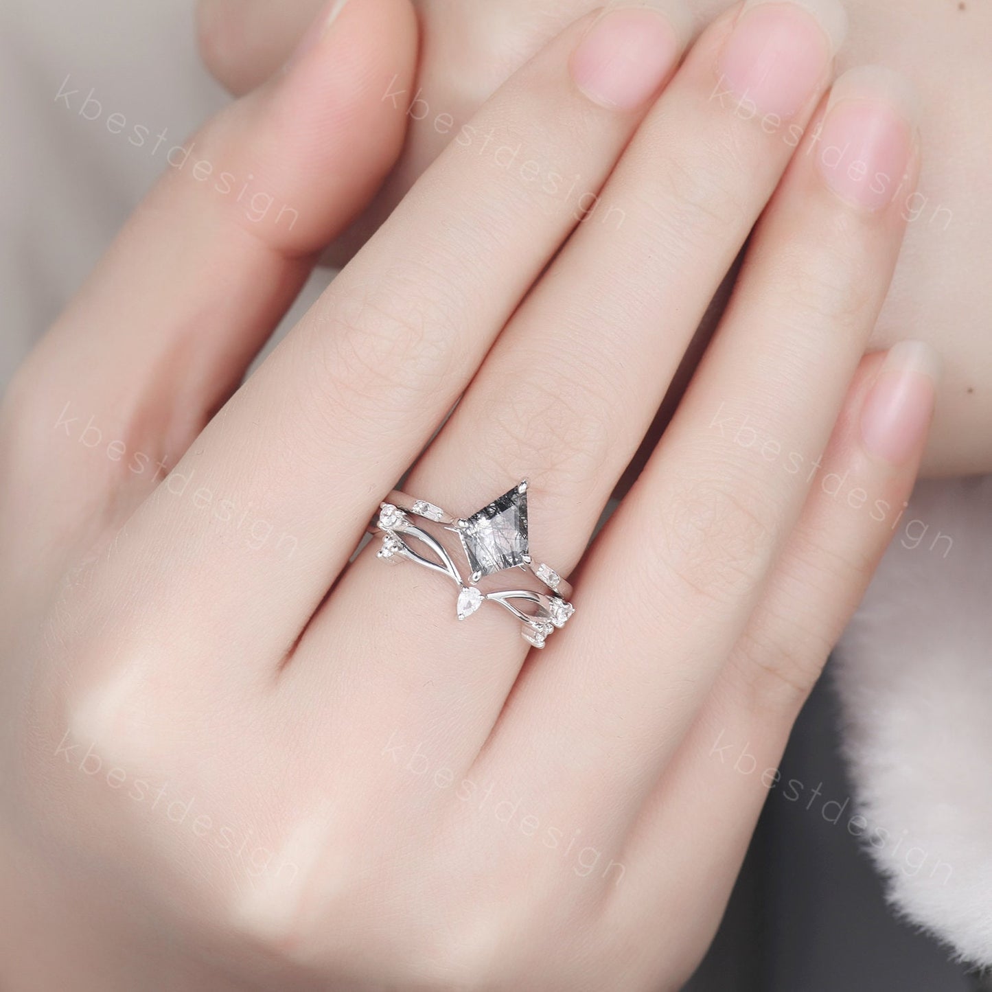 Vintage black rutilated quartz engagement ring 14k white gold kite cut ring art deco curved moissanite stacking band unique bridal ring set
