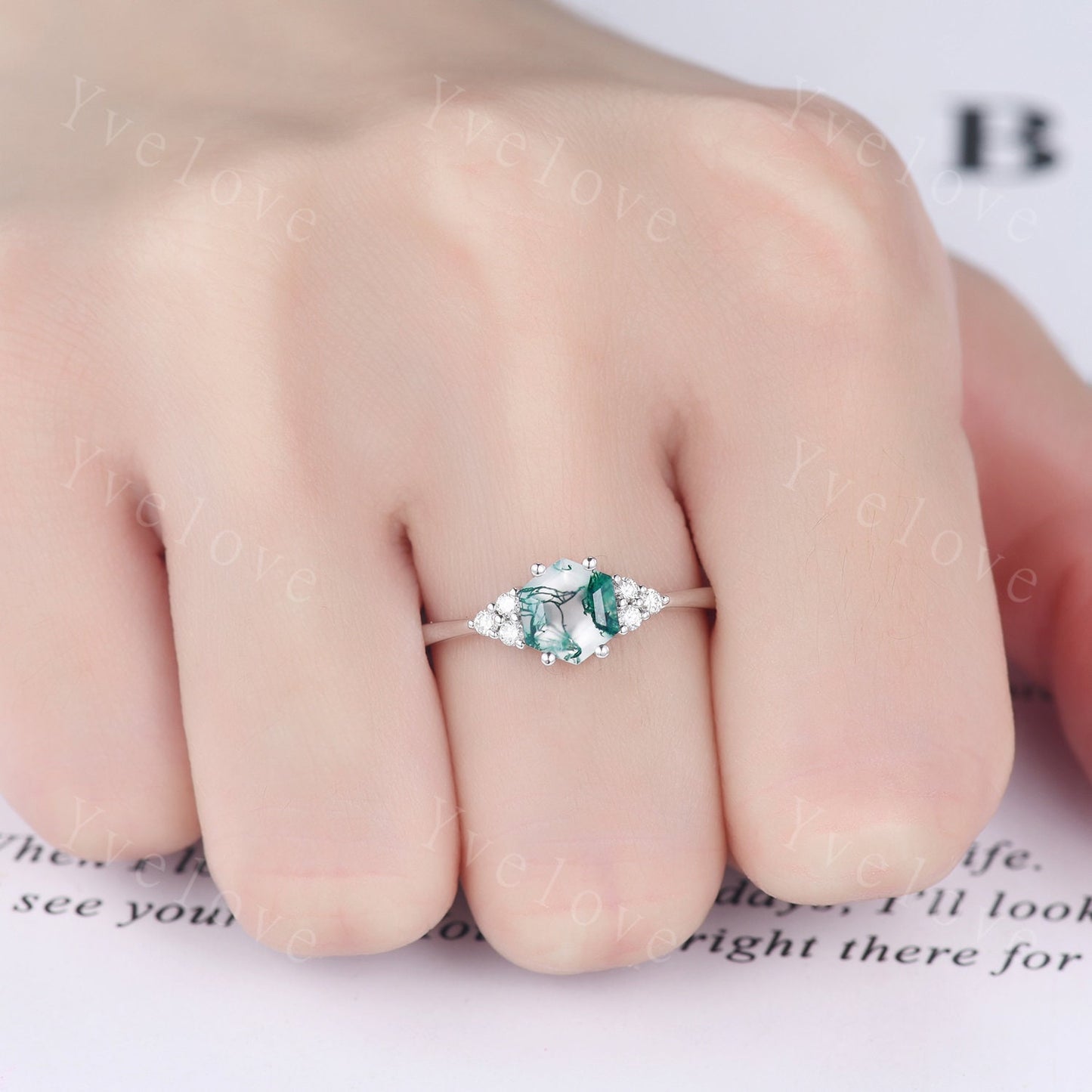 Retro hexagon Moss Agate Ring,Vintage Sterling Silver Ring Set,Unique Agate Engagement Ring,Promise Ring,Anniversary Ring Gift For Her