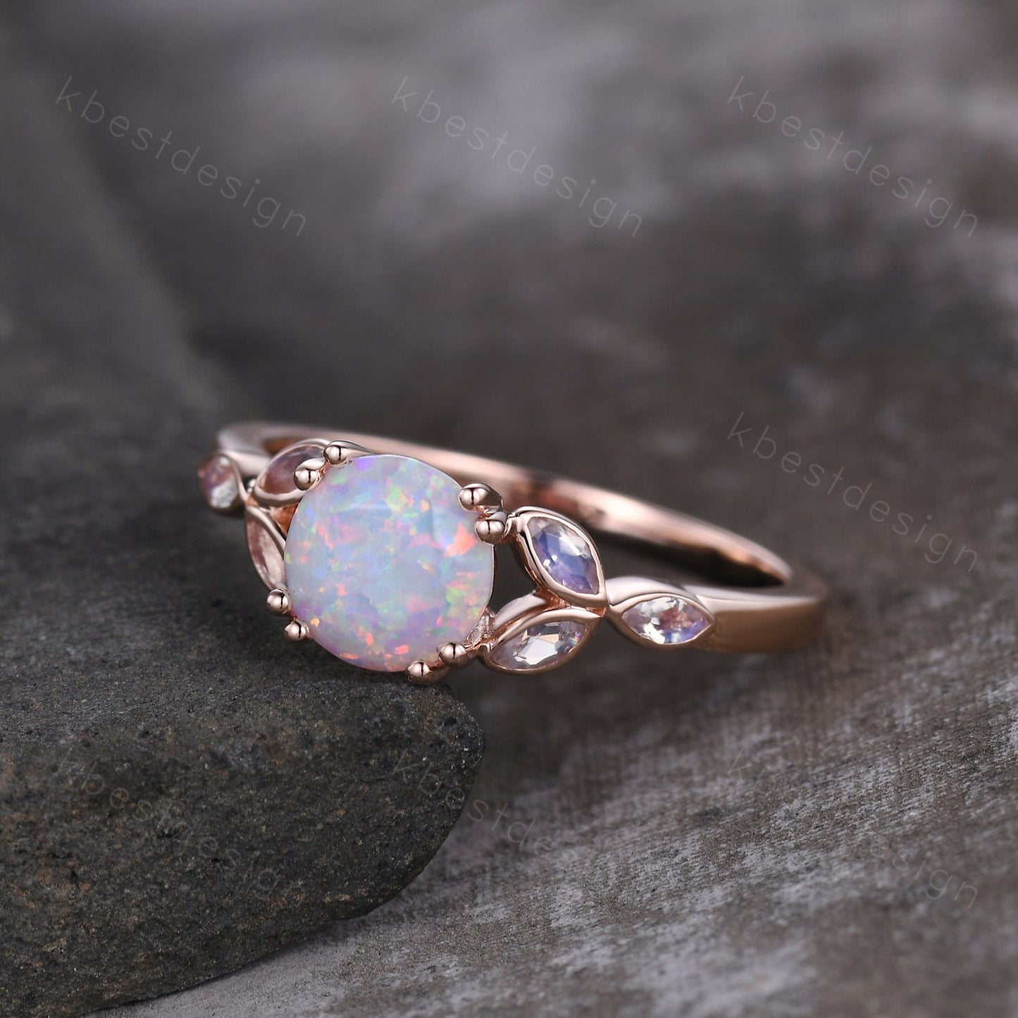 Opal Engagement Ring White Opal and Moonstone Ring Rose Gold Ring for Women Round Opal Bridal Wedding Ring October Birthstone Promise Ring