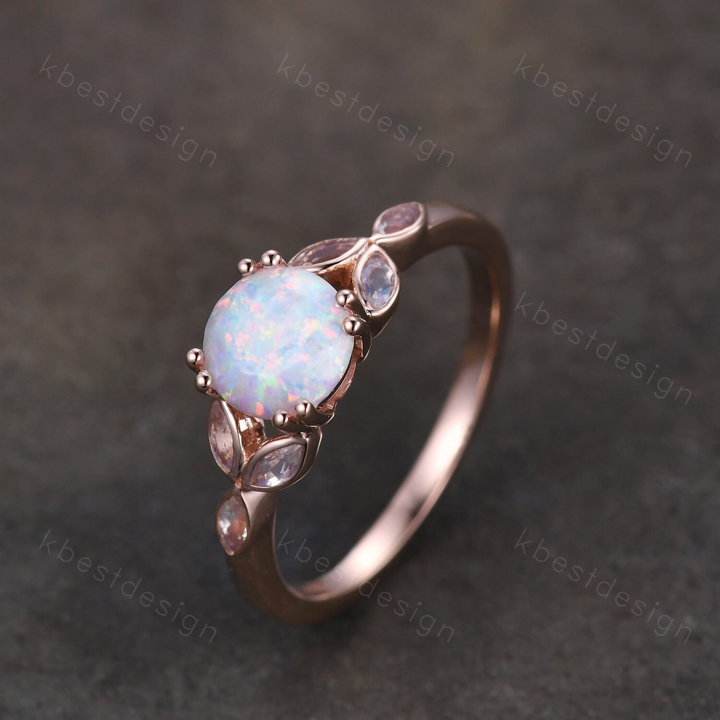 Opal Engagement Ring White Opal and Moonstone Ring Rose Gold Ring for Women Round Opal Bridal Wedding Ring October Birthstone Promise Ring