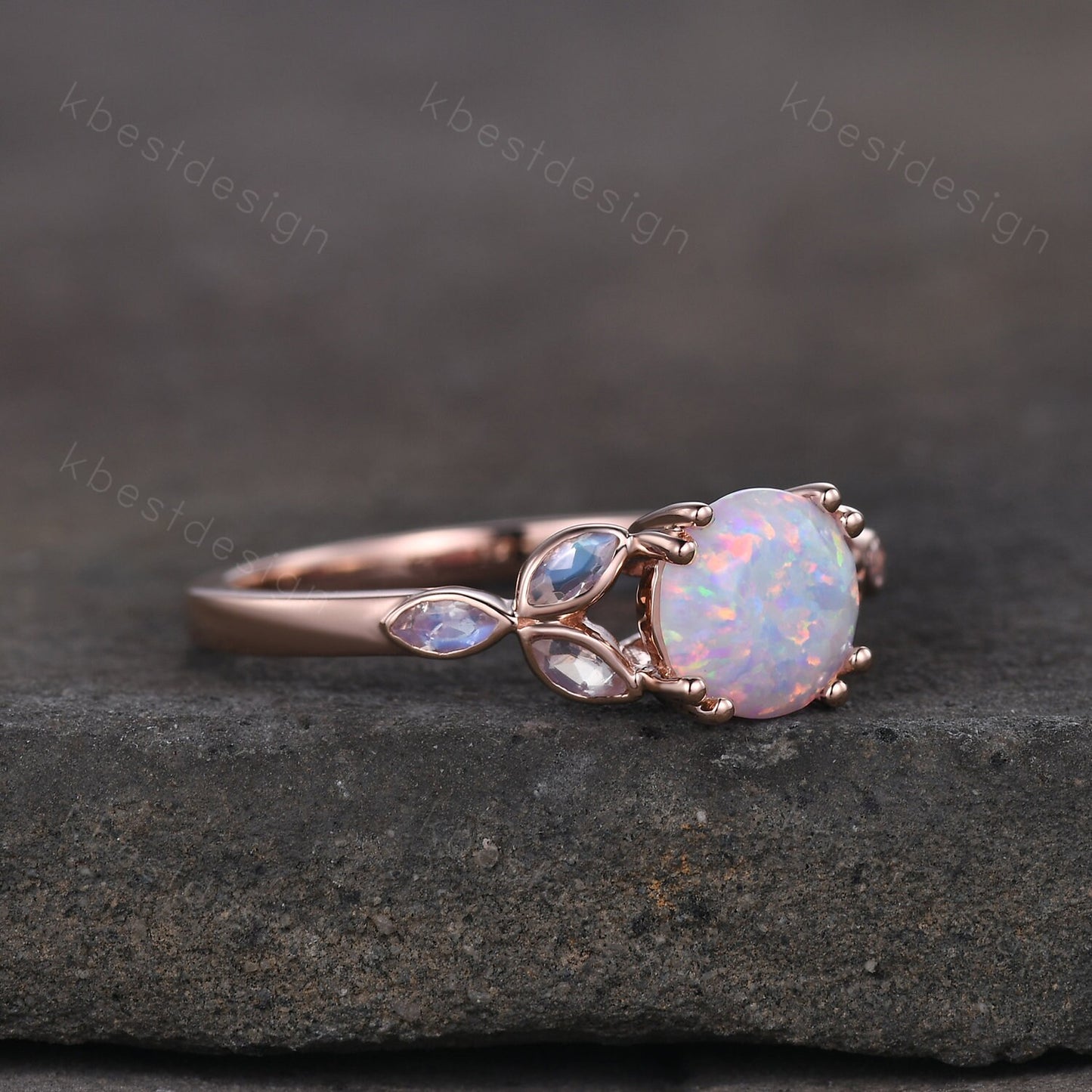 Opal Engagement Ring White Opal and Moonstone Ring Rose Gold Ring for Women Round Opal Bridal Wedding Ring October Birthstone Promise Ring