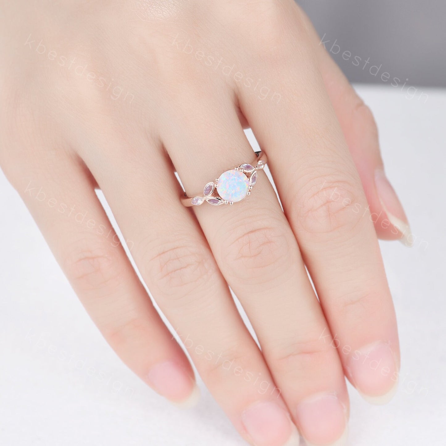 Opal Engagement Ring White Opal and Moonstone Ring Rose Gold Ring for Women Round Opal Bridal Wedding Ring October Birthstone Promise Ring