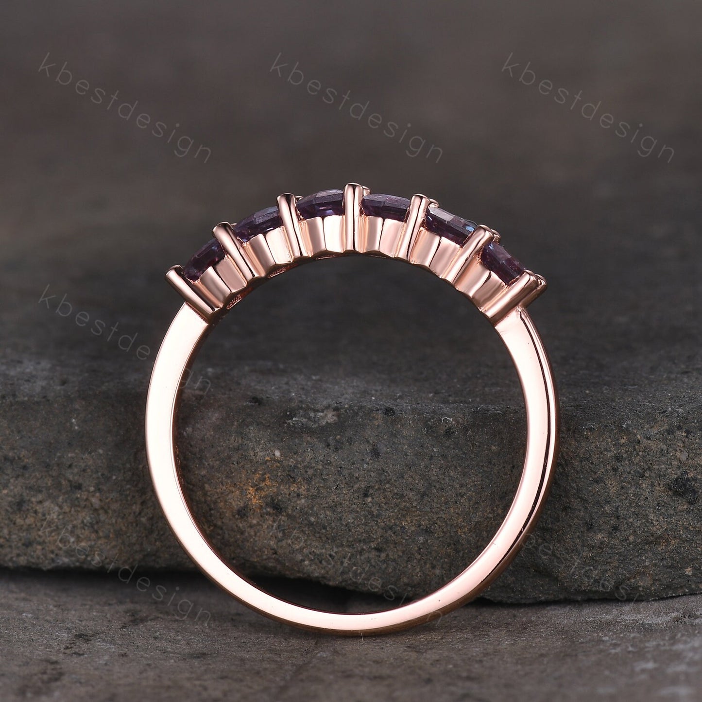 Hexagon cut Alexandrite wedding ring Unique rose gold wedding band 6-stone ring Minimalist Bridal matching stackable band June Birthstone