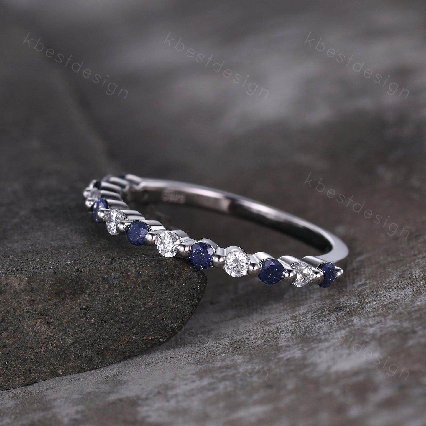 Half eternity blue sandstone Moissanite wedding band sterling silver ring 2mm round cut stacking matching band Minimalist anniversary ring
