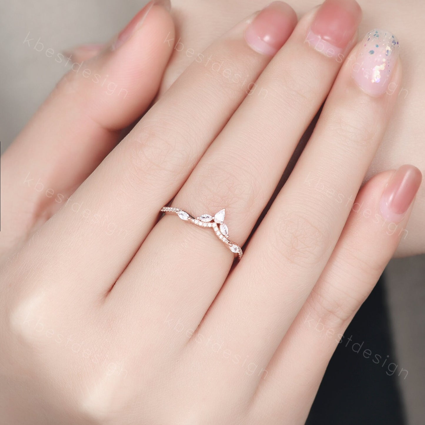 Marquise Moissanite wedding band Vintage rose gold stacking band Art deco floral wedding band Unique matching bridal ring Anniversary gift