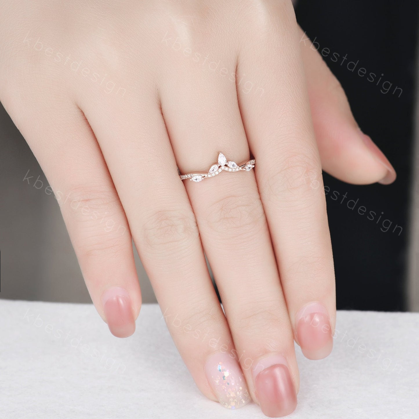 Marquise Moissanite wedding band Vintage rose gold stacking band Art deco floral wedding band Unique matching bridal ring Anniversary gift