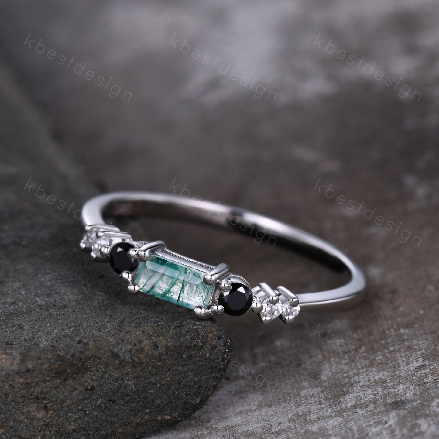 Baguette cut Moss Agate Wedding Band Unique Sterling Silver Band Antique Black Spinel Ring Minimalist Bridal Matching Stackable band