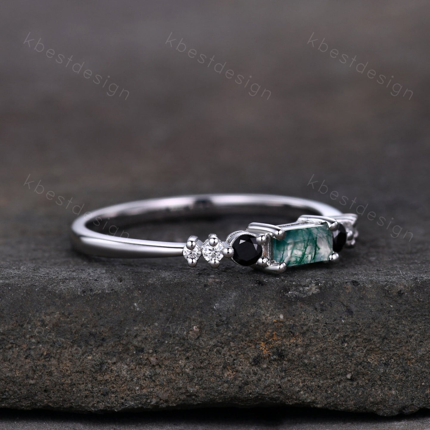 Baguette cut Moss Agate Wedding Band Unique Sterling Silver Band Antique Black Spinel Ring Minimalist Bridal Matching Stackable band
