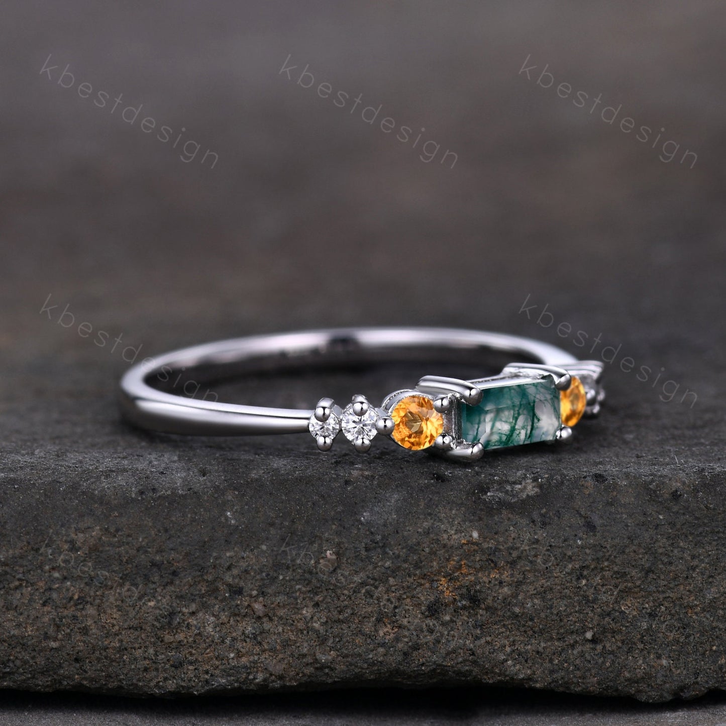 Baguette cut Moss Agate Wedding Band Unique Citrine Sterling Silver Band Antique Moissanite Ring Unique Bridal Matching Stackable band