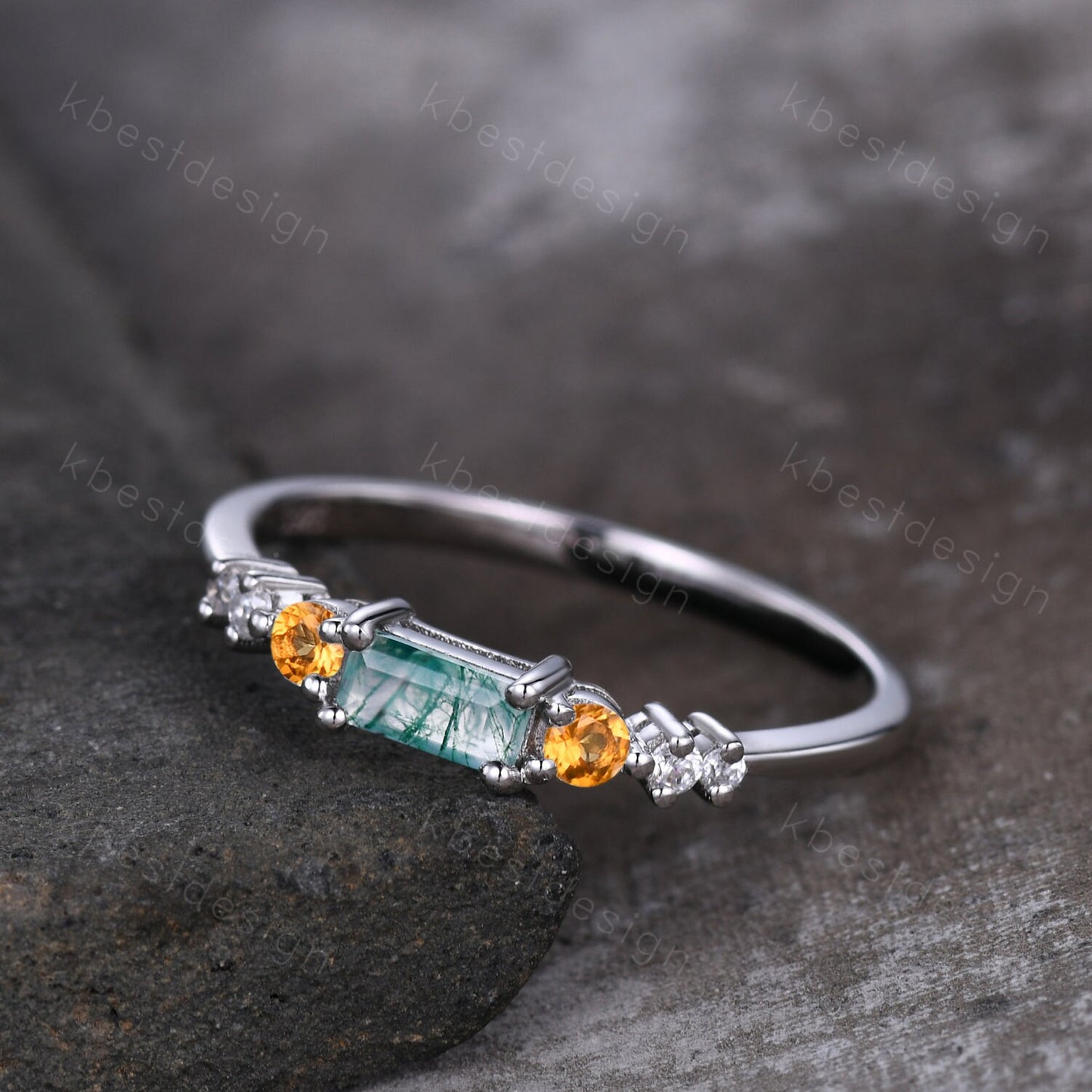 Baguette cut Moss Agate Wedding Band Unique Citrine Sterling Silver Band Antique Moissanite Ring Unique Bridal Matching Stackable band