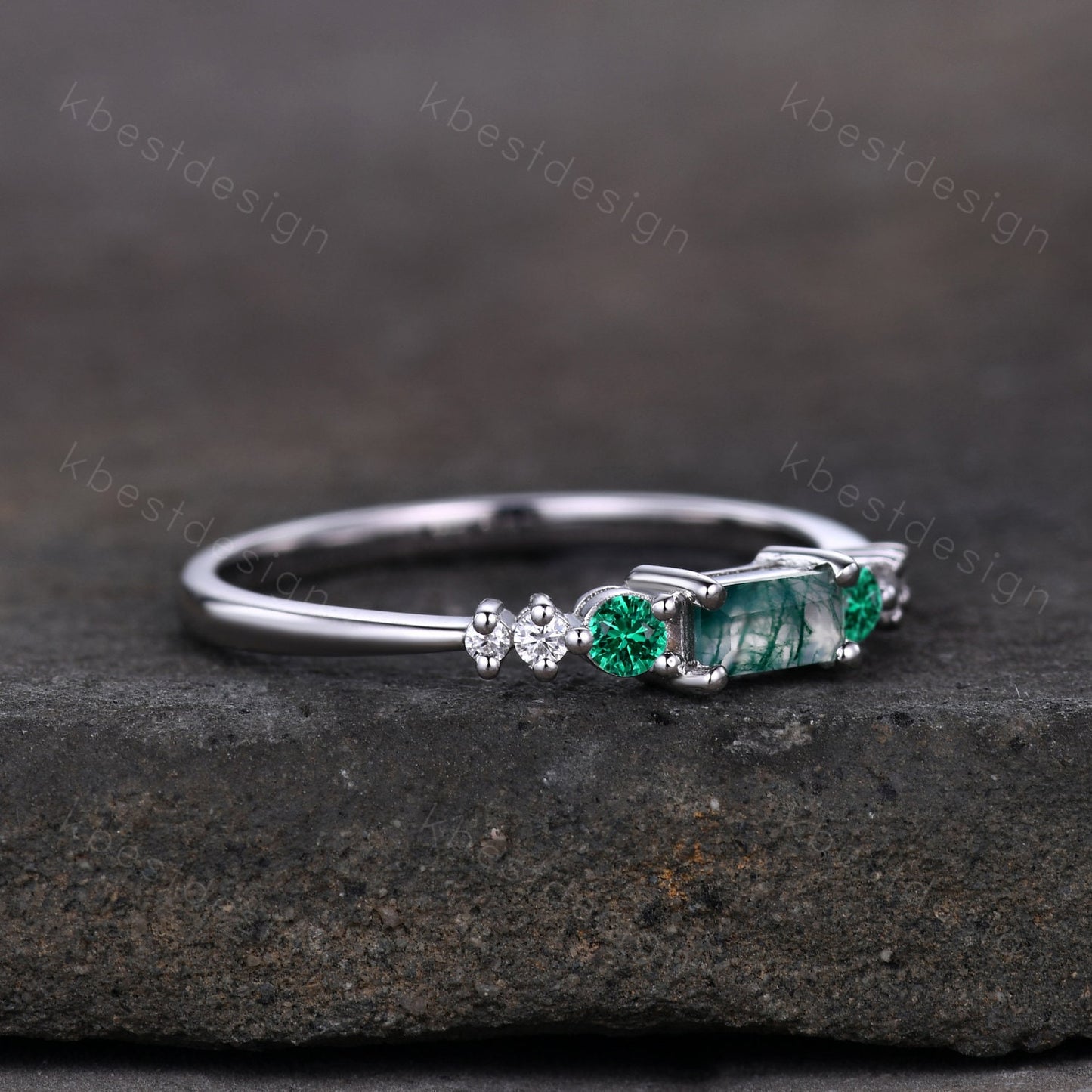 Baguette cut Moss Agate Wedding Band Unique Green Gem Ring Women Silver Ring Antique Moissanite Ring Minimalist Bridal Anniversary Gift