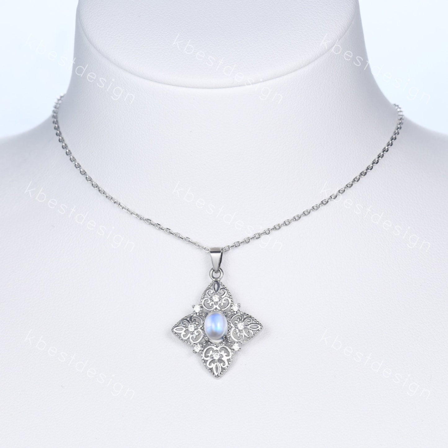 Antique Filigree Moonstone Necklace, Unique Sterling Silver Necklace, Art Deco Milgrain Pendant Necklace, White Gold Necklace for Women