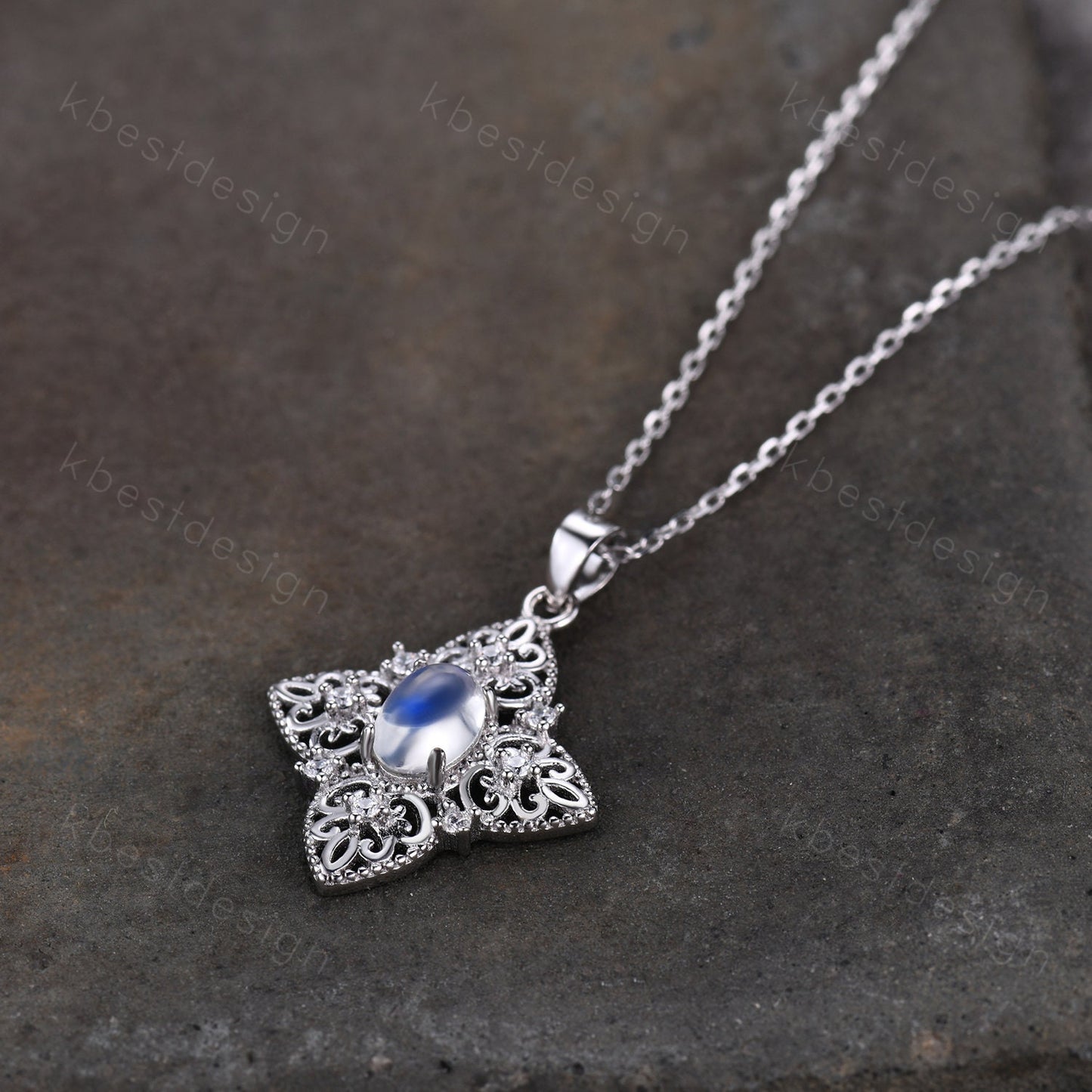 Antique Filigree Moonstone Necklace, Unique Sterling Silver Necklace, Art Deco Milgrain Pendant Necklace, White Gold Necklace for Women