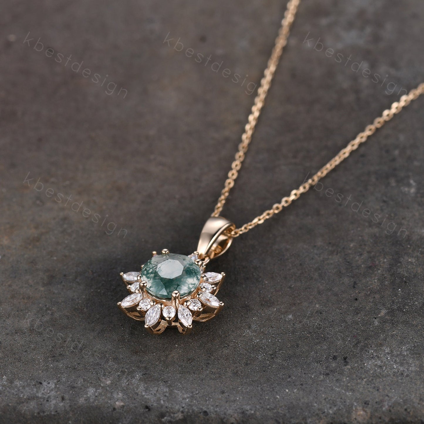 Natural Moss Agate Necklace, 14K Solid Gold Necklace, Unique Diamond/Moissanite Pendant, Art Deco Round cut Necklace, Necklace for Women