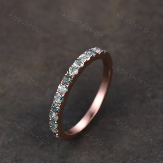2MM Round cut Moss Agate Wedding Band Rose Gold Half Eternity Wedding Band Natural Moss Agate Stacking Band Minimalist Bridal Promise Gift