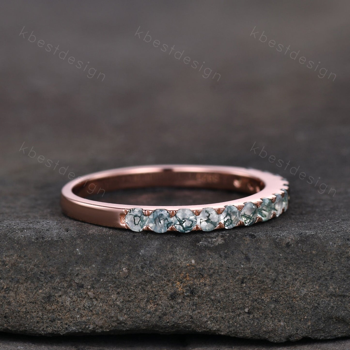 2MM Round cut Moss Agate Wedding Band Rose Gold Half Eternity Wedding Band Natural Moss Agate Stacking Band Minimalist Bridal Promise Gift