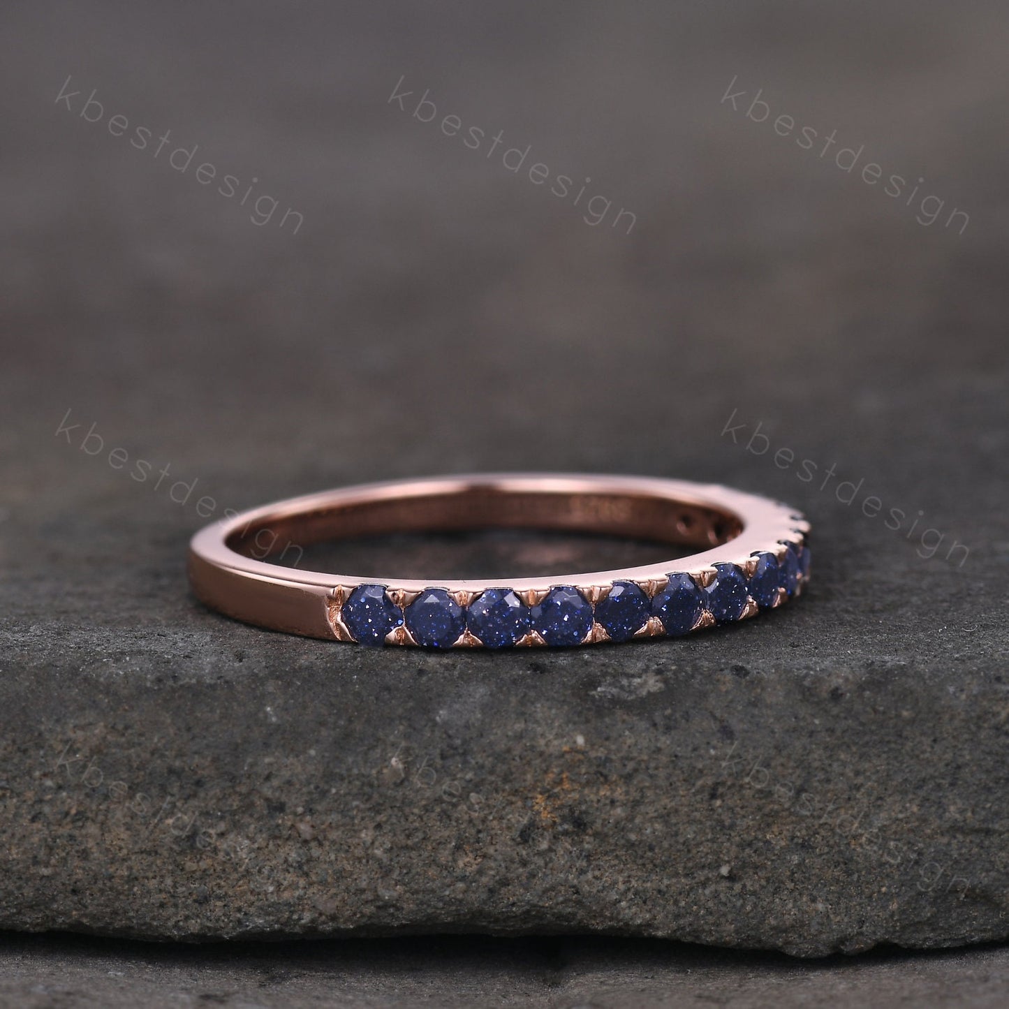 Half Eternity Blue Sandstone Wedding Band Round cut Wedding Band Women Rose Gold Band Dainty Stacking Matching Band Anniversary Ring