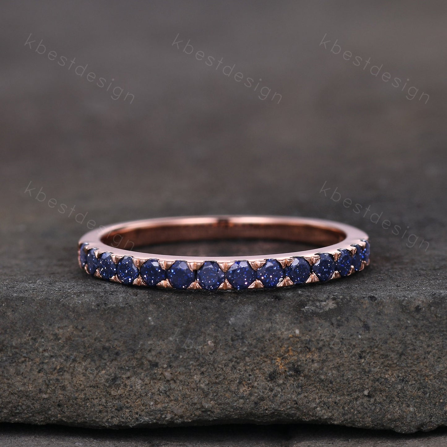 Half Eternity Blue Sandstone Wedding Band Round cut Wedding Band Women Rose Gold Band Dainty Stacking Matching Band Anniversary Ring