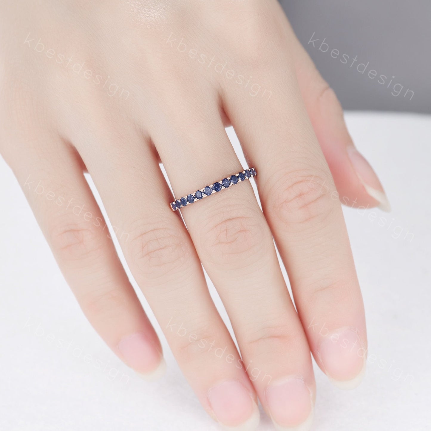 Half Eternity Blue Sandstone Wedding Band Round cut Wedding Band Women Rose Gold Band Dainty Stacking Matching Band Anniversary Ring