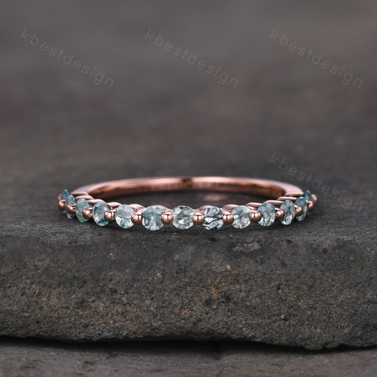 Rose Gold Moss Agate Wedding Band, 2MM Round Cut Wedding Band, Minimalist Stacking Matching Band, Half Eternity Band, Anniversary Gift
