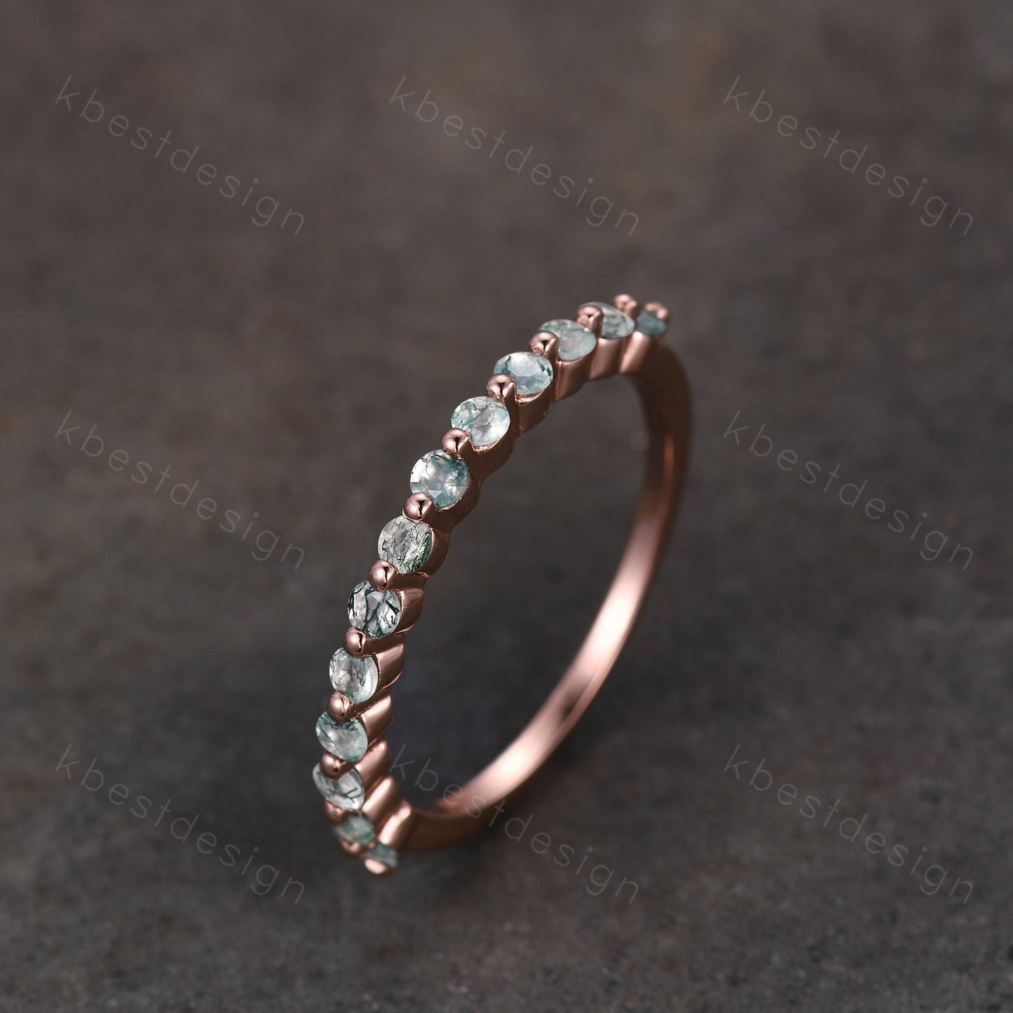 Rose Gold Moss Agate Wedding Band, 2MM Round Cut Wedding Band, Minimalist Stacking Matching Band, Half Eternity Band, Anniversary Gift