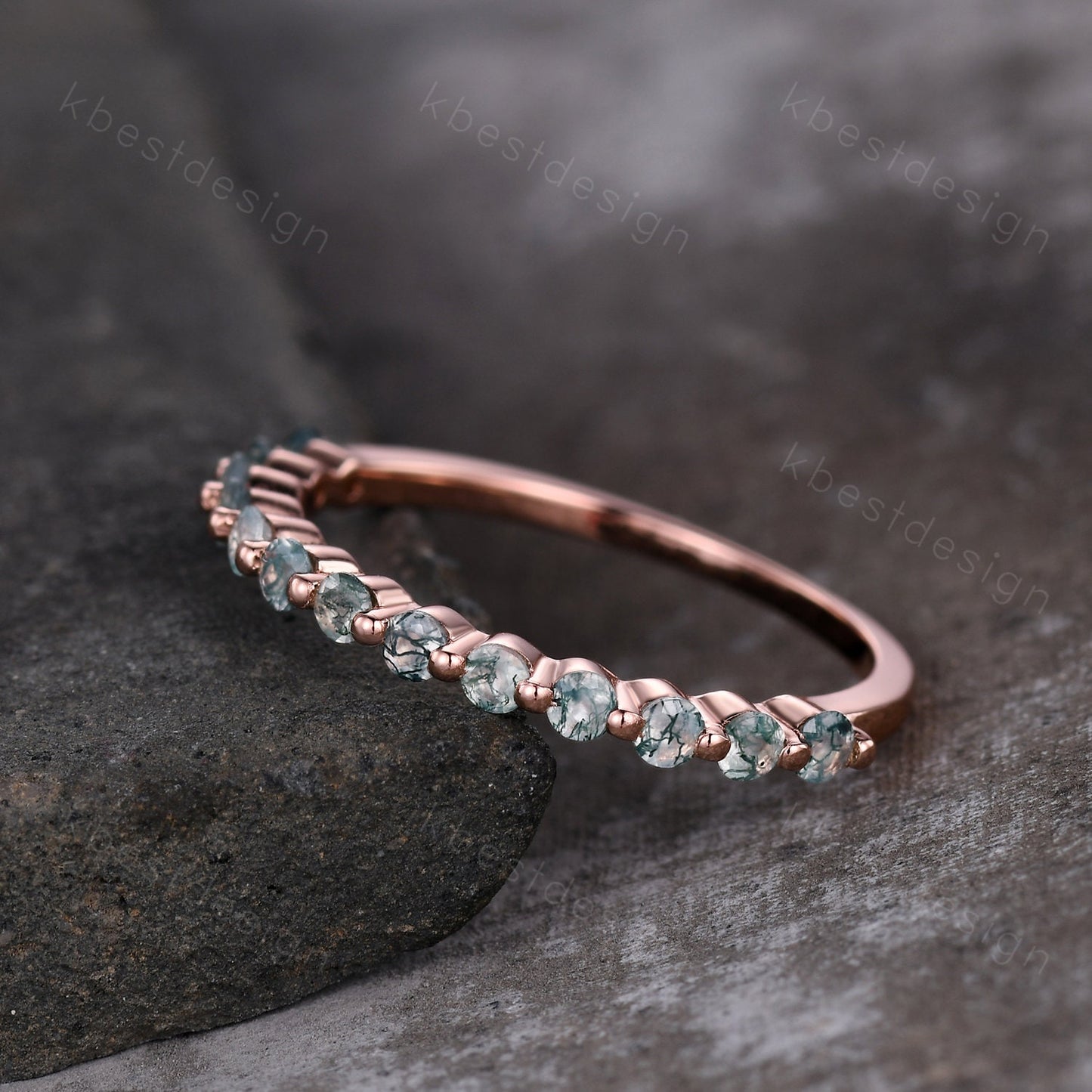 Rose Gold Moss Agate Wedding Band, 2MM Round Cut Wedding Band, Minimalist Stacking Matching Band, Half Eternity Band, Anniversary Gift