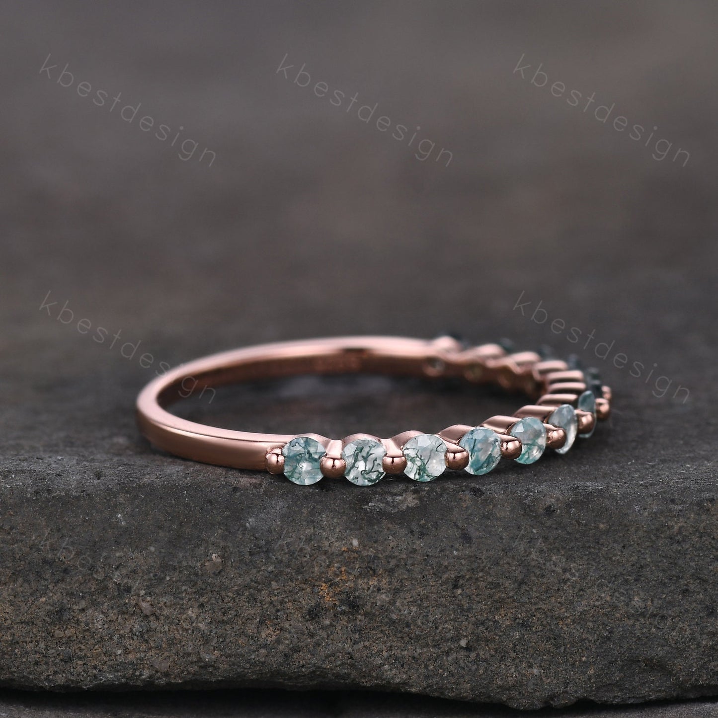 Rose Gold Moss Agate Wedding Band, 2MM Round Cut Wedding Band, Minimalist Stacking Matching Band, Half Eternity Band, Anniversary Gift
